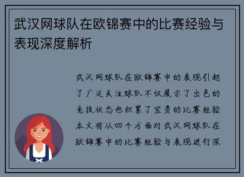 武汉网球队在欧锦赛中的比赛经验与表现深度解析
